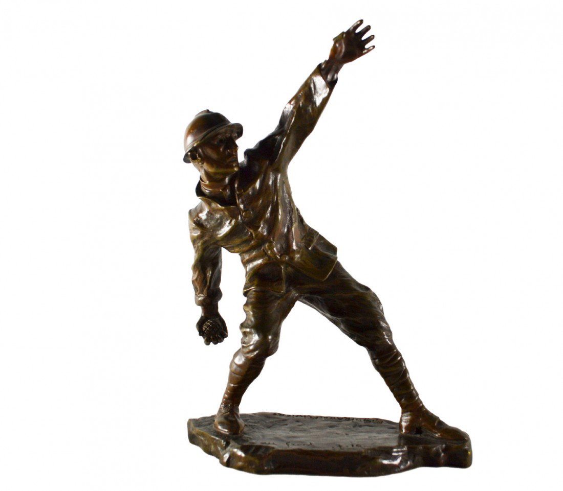 Bronze 'Grenade Thrower', M. Guiraud Riviere 1916: Bronze 'Grenade Thrower', 1916. Maurice Guiraud-Riviere (French, b. 1881- ) Au Front, Bronze Figure of a Soldier of the First World War, the figure poised to throw a hand grenade, on naturalistic base