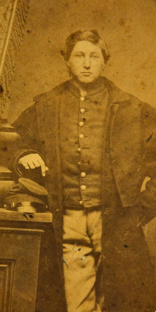 Albumen Photo-Union Soldier, Pvt. S. Gould, 1862: Albumen Photo, Oval -Union Soldier, Private Sept Gould, 1862 Sep. 20 (hand written on reverse of photo) Imprint on photo bottom: 'Shaw Artist 132 & 188 1/2 South Clarks Chicago'. matted. Photo: L. 7" 