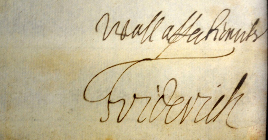 Signature on parchment, Frederik the IVth 1700: Two page document with signature on parchment, Frederik the IVth, 1700, Duke of Holstein. Parchment letter written and signed by Frederik the IVth Duke of Holstein dated 11 November 1700. Letter is tw