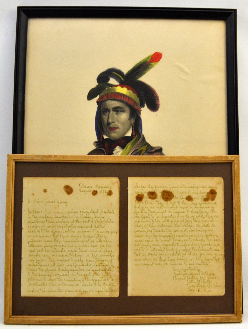 Indian Wars Letter Opothle to Major Jessup, 1836: A two page manuscript document signed by Native Americans of the Creek tribe. 1. Apothle Yoholo, Chief of Upper Creeks 2. Little Doctor or Nehathlucco Hopoie 3. Tuckabatchee Micco later Chief of Creek