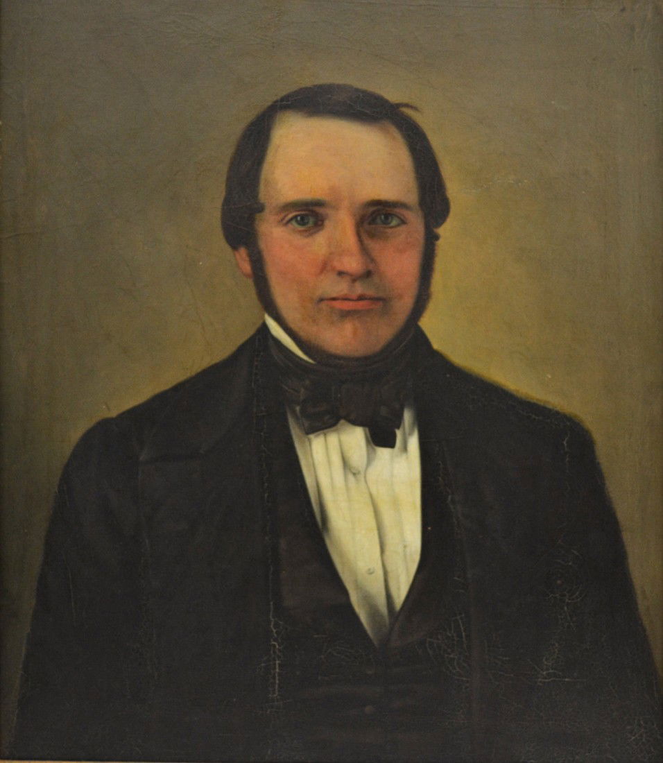 O/C China Trade-Capt. James Fogg, c. 1880: Oil on canvas painting portrait of Capt. James Fogg, Chinese School, c. 1880. Written on verso "Capt James Fogg after lining. Born Oct 28, 1814-1855" in gold gilt frame with brass plaque on front that