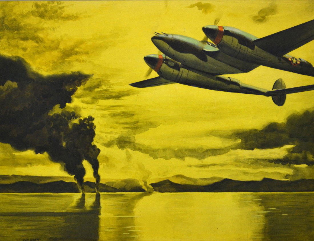 Tempera on Board - P-38 Attacking Japanese Ships: Tempera on Board - P-38 Attacking Japanese Ships - WWII Military Illustration Art. Signed by Grant. Matted and framed professionally. Formerly on exhibit at the Intrepid Sea Air Space Museum in 2005.