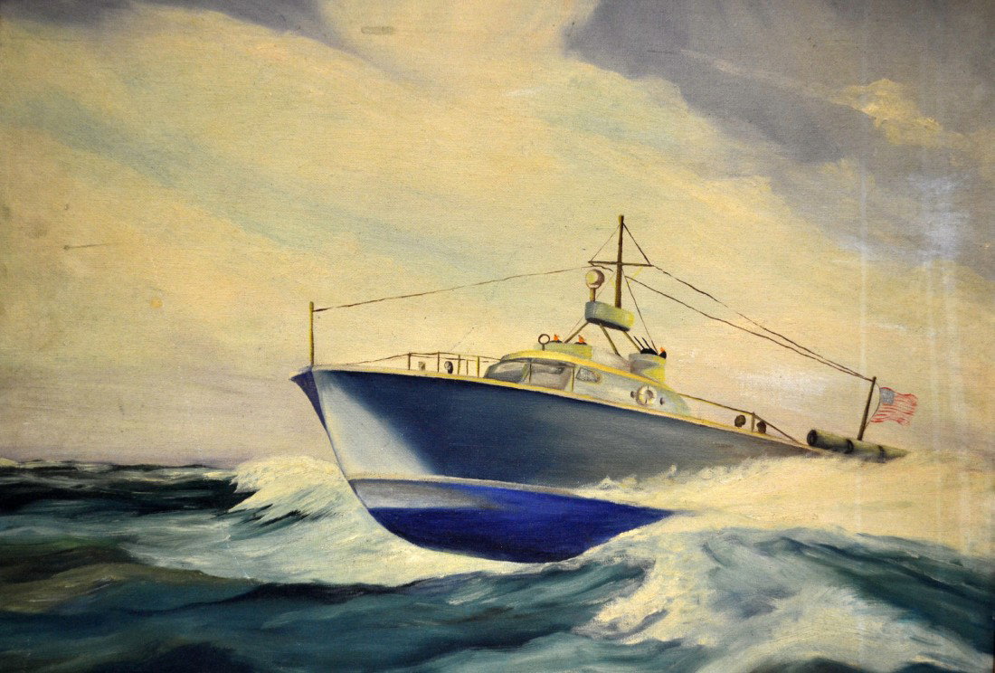 O/B 'Charging Point' PT Boat painting WWII: Oil on Board 'Charging Point' PT Boat painting. Signed by Bachelor, WWII military art. A US Navy "PT" fast boat is riding on the high seas, with flag at the stern Formerly on exhibit at the Intrepid S
