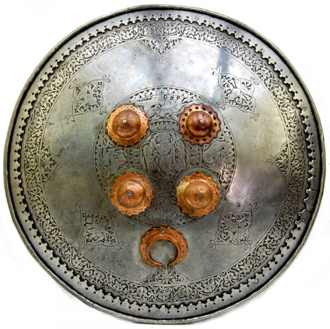 Battle Shield, Ottoman with Crescent: Battle Shield with four copper bosses with corresponding rings on the interior. Also a copper crescent and decoration includes engraved figures. Ottoman, 18th century. Size: 17.5" D Weight: 3lbs 8oz C
