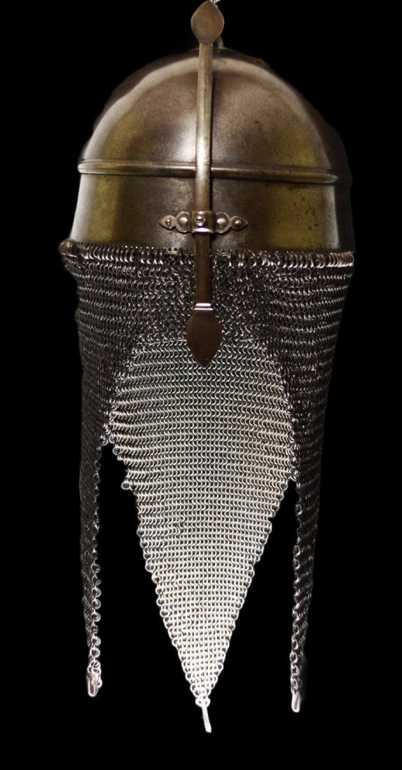 Helmet, Persian Kulah Khud Combat, 18th C: Helmet, Persian Kulah Khud Combat, 18th C - moveable nose guard, chain maille neck guard. Reference: 'A Glossary of the Construction, Decoration and Use of Arms and Armor: In All Countries and in All 
