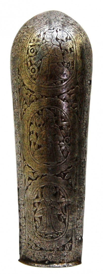 Arm Guard, (bazu) Persian, c. 18th C: Arm Guard, (bazu) engraved with robed figures and other border decoration. Persian, 18th Century - Reference: 'A Glossary of the Construction, Decoration and Use of Arms and Armor: in All Countries an