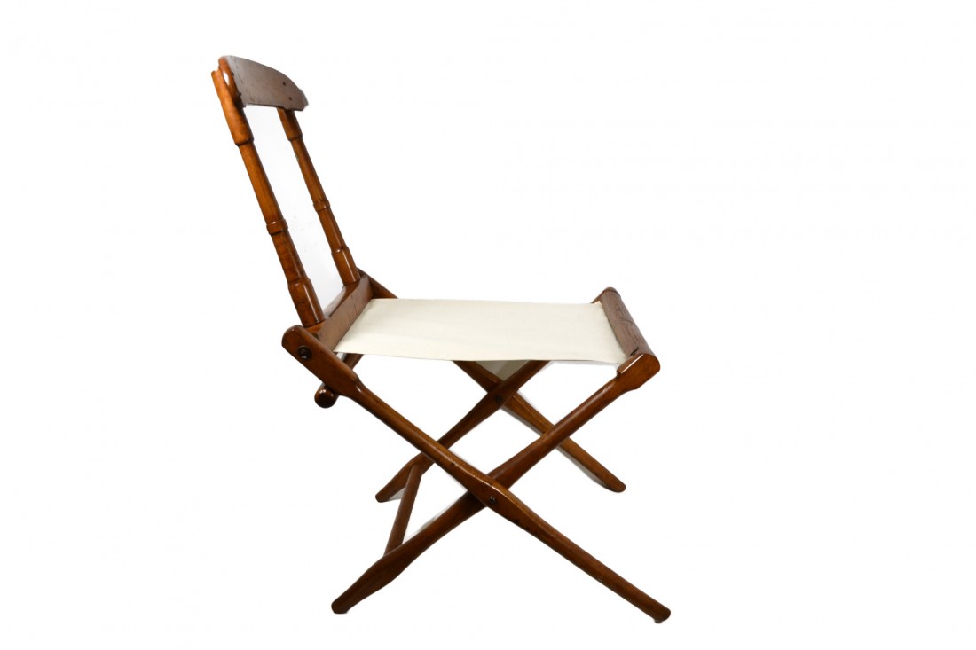 Camp Chair, folding 19th c. B. J. Harrison, NY: Chair, wooden folding. Camp ID'ed and maker's mark. Back of chair has branded stamp "G. Englert", and maker's mark of 'B.J. Harrison , Arkville' (NY). The wooden frame is composed of hard rock maple, 