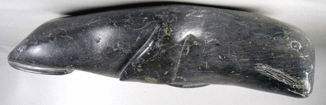 Sculpture of a Seal, Eskimo Inuit Soap Stone: Large Alaskan Native American Eskimo Inuit Soap Stone Sculpture of Seal. "Flipper" is an older and well patinated carving of the late 19th- early 20th C. Signed on the bottom with indecipherable runic