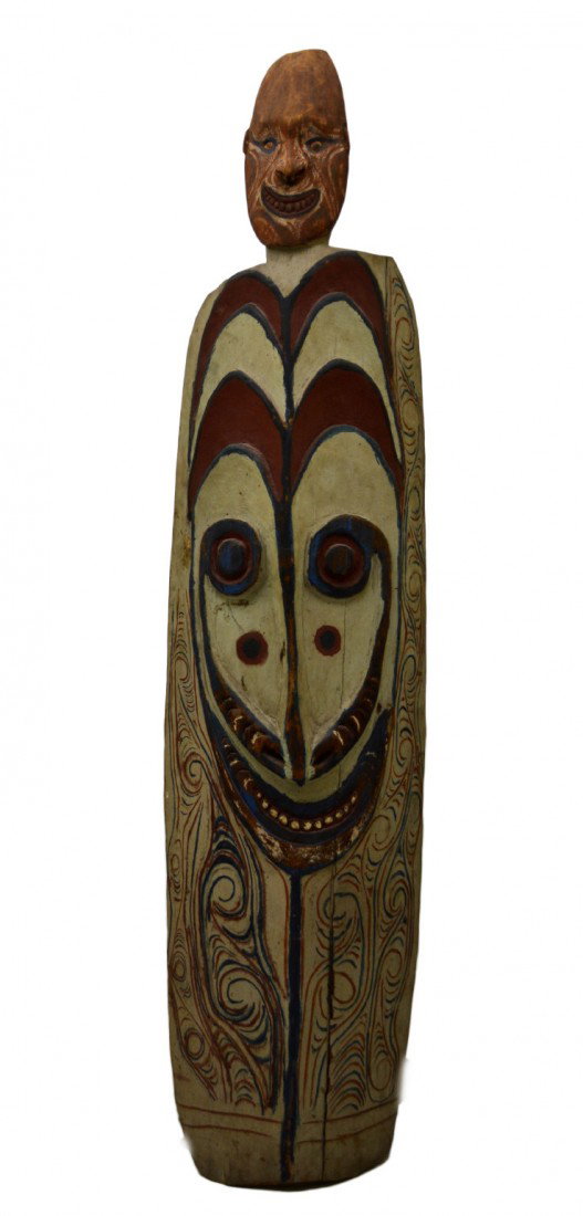War Shield, New Guinea, Sulka People, 19th C: War Shield, New Guinea, Sulka People, late 19th Century. A 'smiling face' above a larger central much more intimidating are colored in red, white and blue pigments. Integral bolsters with white pigmen