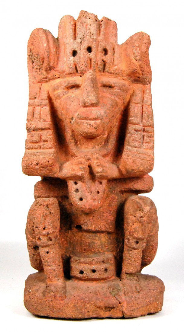 Pre-Columbian Aztec Red Stone Figure of a Man/God: Pre Columbian Aztec red stone figure of a man or god. Circa 1200-1500AD, two small chips show patina with age. Central Mexico. Size: 4.75" x 2.25" x 10.5" Weight: 3lbs Condition: Some deterioration at