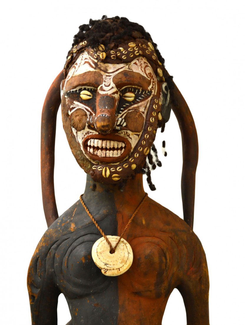 Black or Sepik River Korewori Tribe Orator Figure: Black River or Sepik River Korewori Tribe ( New Guniea Rain Forest) Orator Man Standing Figure inlaid with cowrie shells, human hair, etc., with original paint, late 19th- early 20th century. With ori