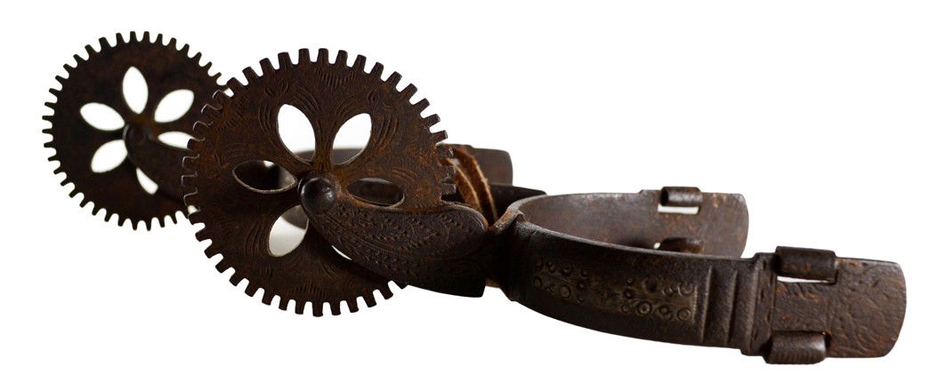 Early HorseSpurs, drop shank, Buermann hand forged: Spurs, Drop Shank, Buermann made hand forged spurs, rare early model from this famous spur maker. Provenance: Miki and James J. Mangan III of Fairfield, CT Size: 7.75" L x 3.5" W Weight: 10 oz Conditi