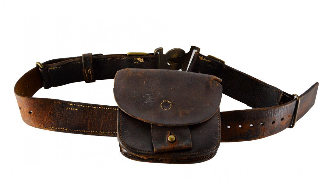 Cartridge Box & Belt, Confederate Issue, Brass: Cartridge Box and Belt, Confederate Issue, Brass Buckle. This is a thick brown leather belt with a brass buckle and a belt mounted cartridge box, all intact. Provenance: Miki and James J. Mangan III o