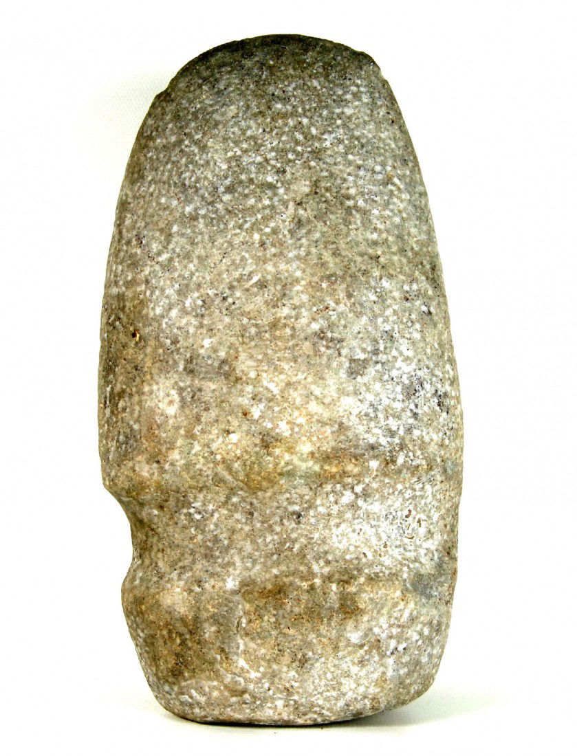 Native American Stone Axe, Large: Large native American Indian stone axe with full round grooved design, hard granite, Eastern Woodlands. Archaic Period. Size: L. 9" x W. 5" x D. 3.25" Weight: 7.05 pounds Condition: Very good with sta