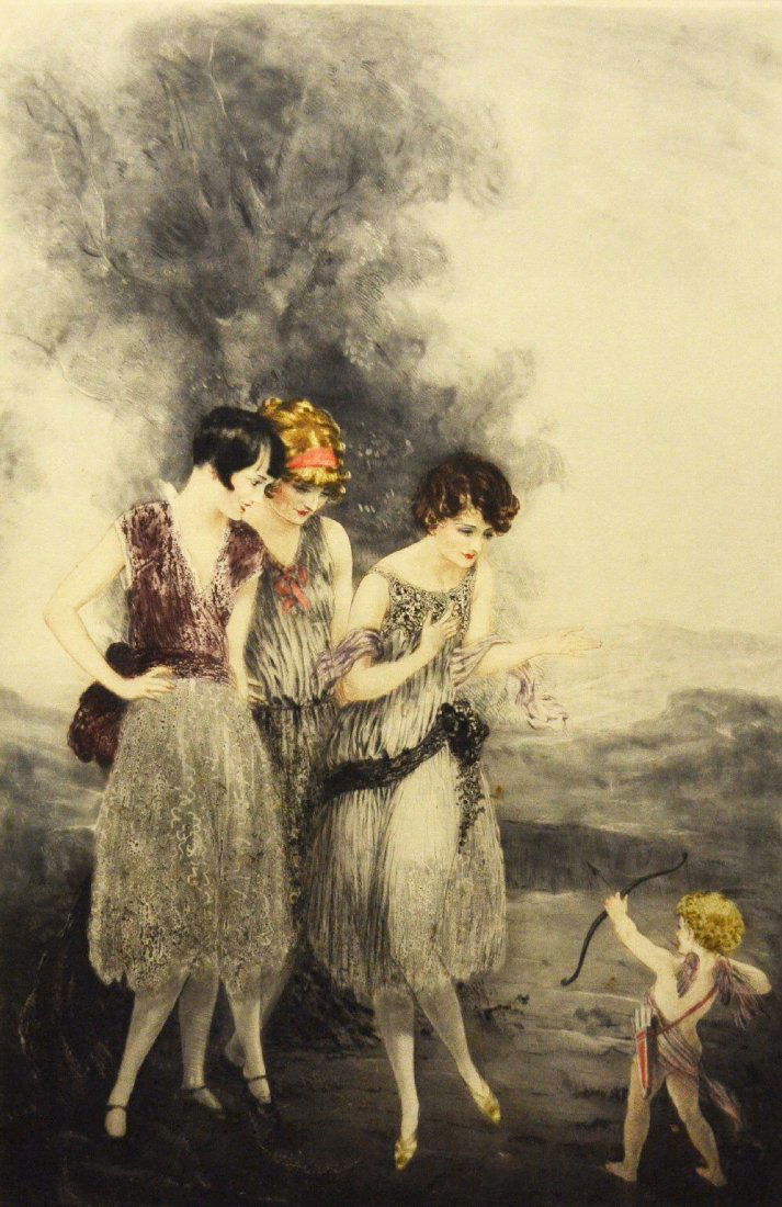 Lithograph, P.E. Felix, 'Cupid', circa 1930: Lithograph, P.E. Felix, 'Cupid', circa 1930. Color print P. E. Felix's, "Cupid" pencil signed. Probably French circa 1930 in original frame, mat and backing. Work Size: 30" H. x 22" W. Framed Size: 31