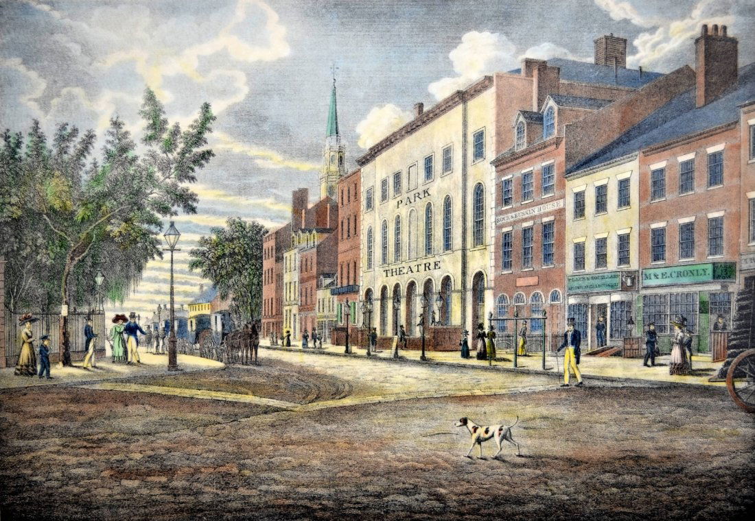 Lithograph "View of Park Row, NY", Restrike: Re-struck lithograph "View of Park Row, NY", d. 1830. The upper right corner reads, "Copyright Campbell Prints. Inc., New York (#8596)" The base of the image reads, "DRAWN BY C. BURTON ENGRAVED BY Wm