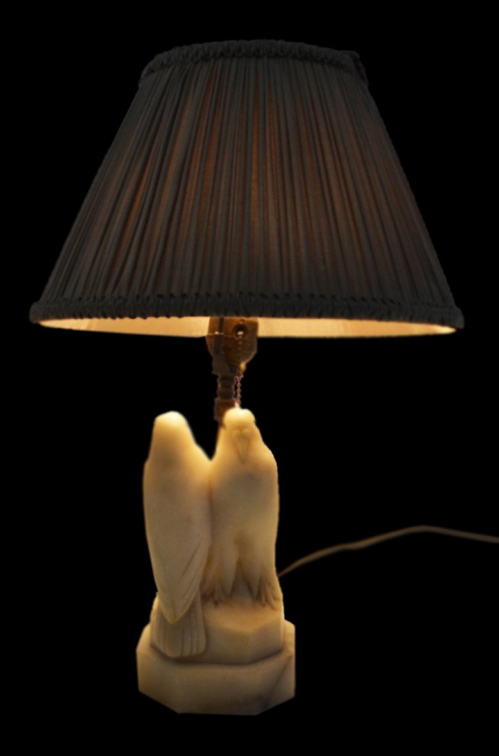 Lamp, carved alabaster lovebirds, circa 1930's: Lamp, alabaster lovebirds, circa 1930's - with contemporary pleated silk shade, pull-chain switch, wired and working. Both lovebirds have glass eyes, details of feet & feathers and sit atop a carved a