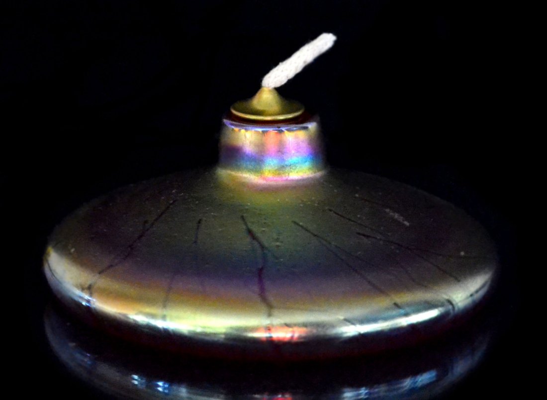 Fragrance Lamp w/orig. burner, Steven Fellerman: Fragrance Lamp with original burner by Stephen Fellerman, signed & dated '94. A contemporary glass artist who had a studio in Kent, CT and now works out of his Berkshires studio. Size: 2.5" H. x 5" Di