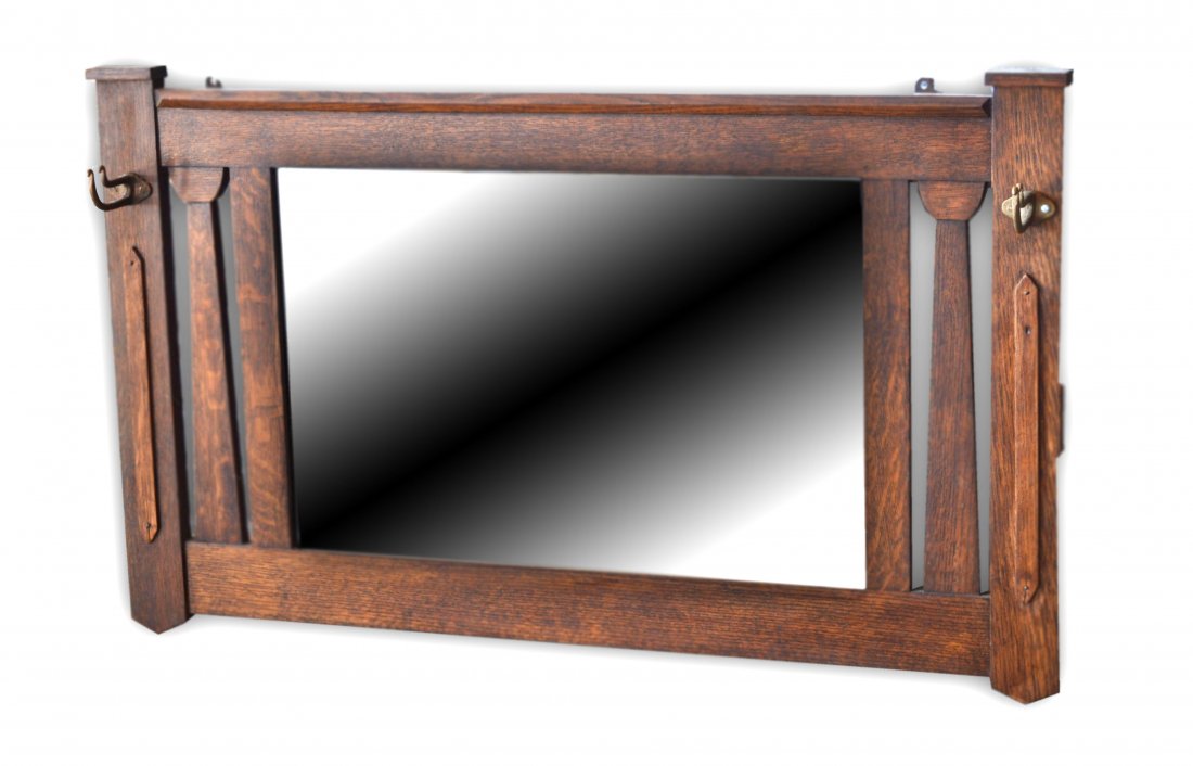 Mirrored Coat Rack, mission style, beveled glass: Mirrored Coat Rack, Mission style, period Arts & Crafts having beveled glass and brass hooks. Labeled on back of retailer 'Drake & Hershey Company, 48 Canal St. Boston'. Size: 21.5" H x 38" W x 1.75"