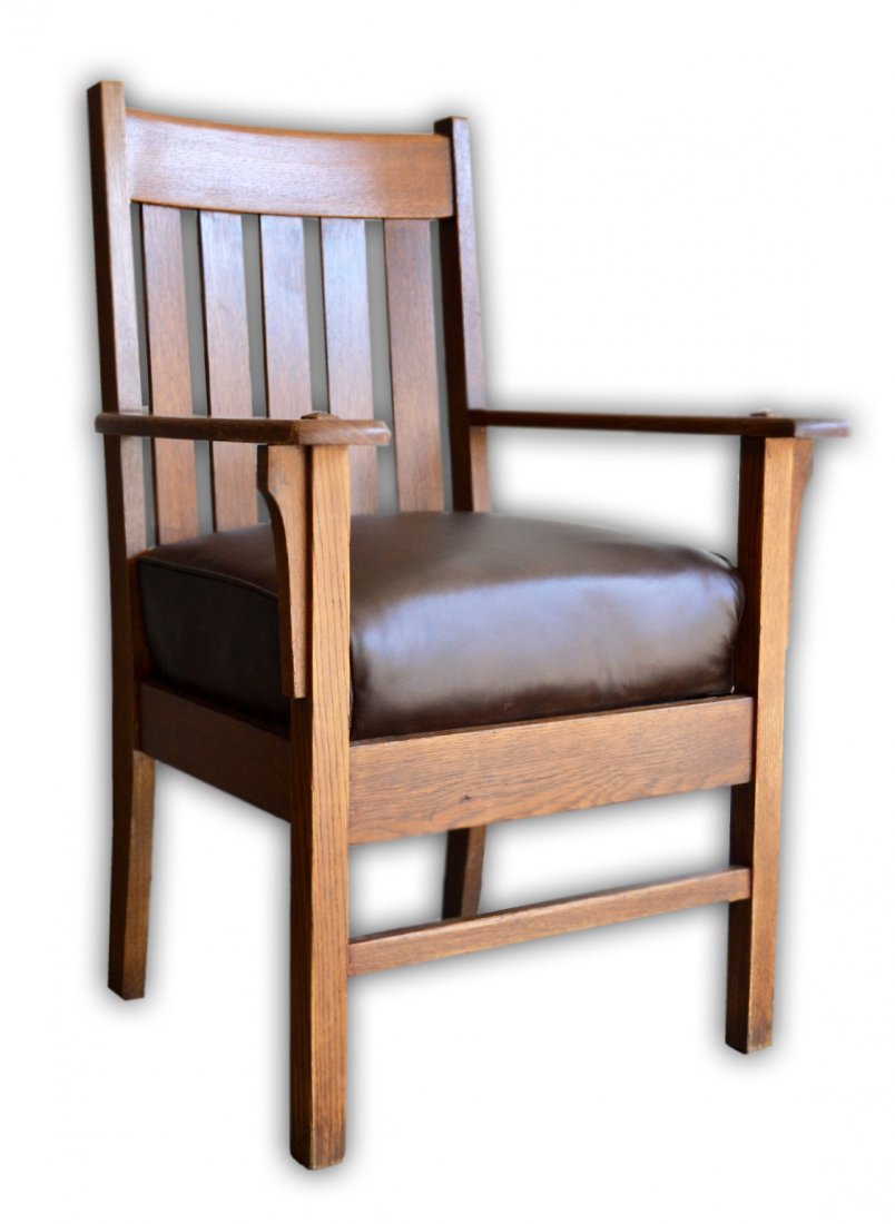 Armchair, Mission Style, Arts & Crafts, Leather: Armchair, Mission Style, period Arts & Crafts, having brown leather seats and mortise & tenon construction on arms and stiles. circa 1900. Size: 38.5" H x 22" W x 19.5" D Weight: approx 30lbs