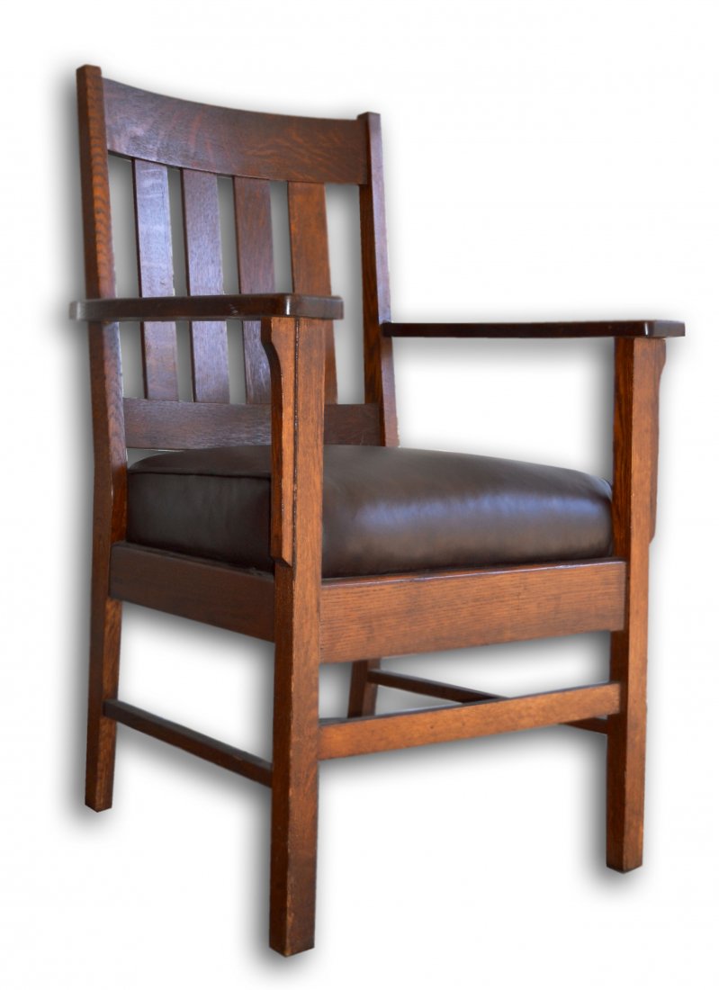 Armchairs, Mission Style, Leather Seats: Armchair Mission Style, period Arts & Crafts, having brown leather seat and mortise & tenon construction on arms and stiles. circa 1900. Size: 38.5" H x 22" W x 19.5" D Weight: approx 30lbs Condition: