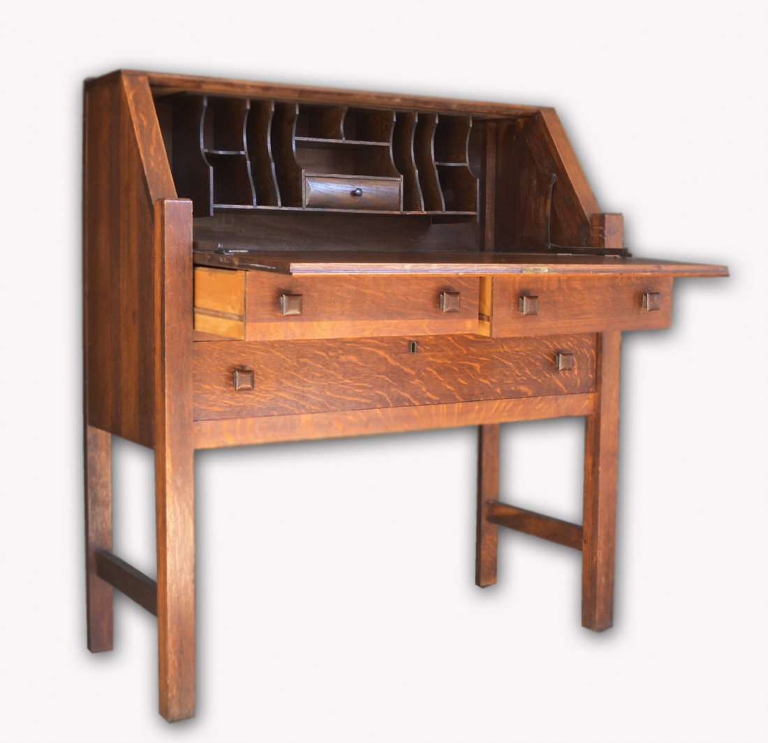 Desk, Fall Front, Attrib. L & J G Stickley: Desk Mission Style, period Arts & Crafts, c. 1900-1910, fumed Oak; three drawers. Indications of a label on the back. Size: 41.25" H x 36" W 16.75" D Weight: approx. 45 lbs