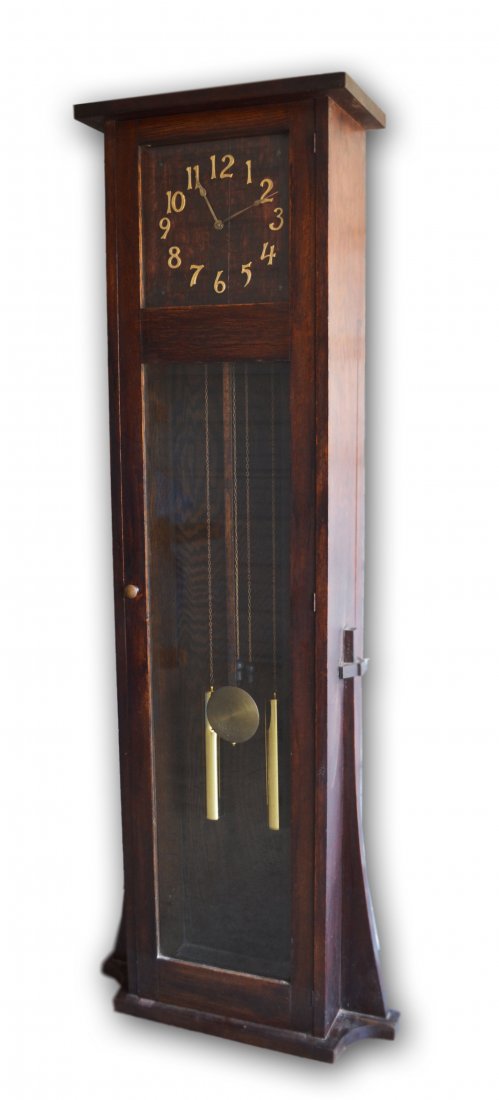 Tallcase Clock, Mission Style, oak, c. 1900: Tall case Clock, Mission Style, period Arts and Crafts Oak face with applied brass numbers. Bevelled glass. Circa 1900. Size: 71.75" H x 28" W x 10.5" D Weight w/weights: 102 lbs