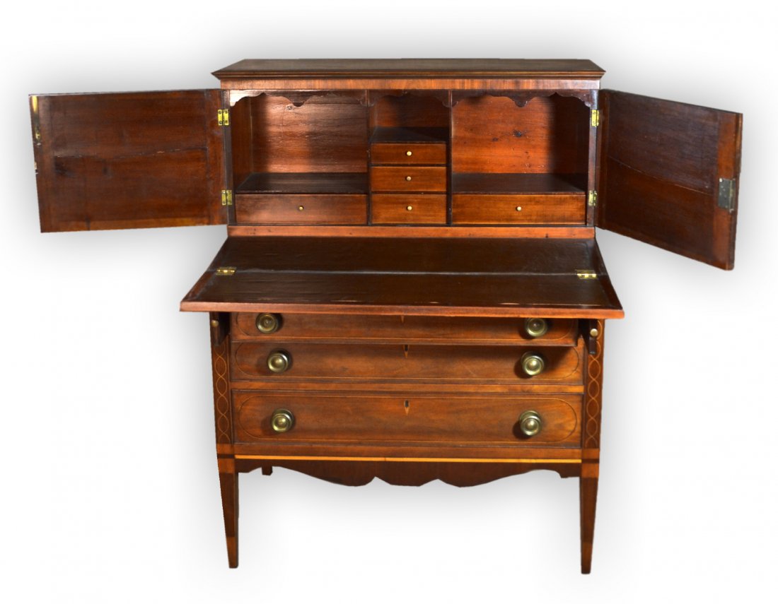Desk, Federal Hepplewhite Secretary Desk, 1800-10: Inlaid Connecticut Federal style, cherry wood, period Hepplewhite Lady's Secretary Desk - Made of solid cherry wood and unusual cherry wood veneer. This early example with square tapered legs is embel
