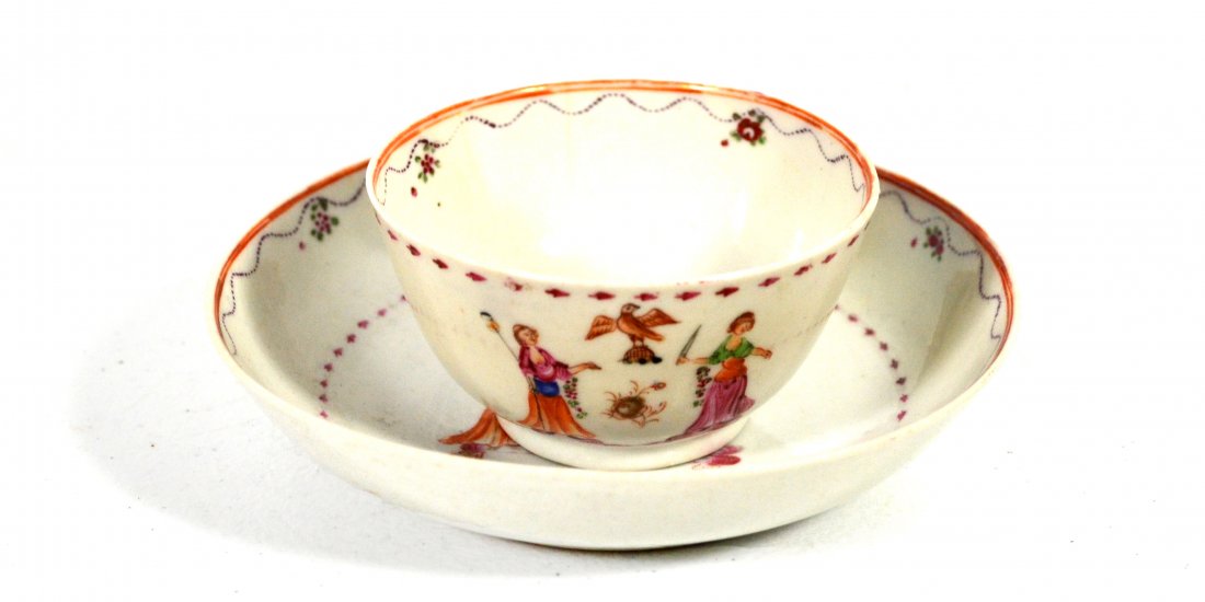 Cup & Saucer, Chinese, w/ NY Coat of Arms, c1800: A matched set of Chinese export porcelain tea cup and saucer with the seal of New York on side of cup and in the base of saucer. Both pieces bear famille rose enamels and gold with 'Liberty' and 'Just