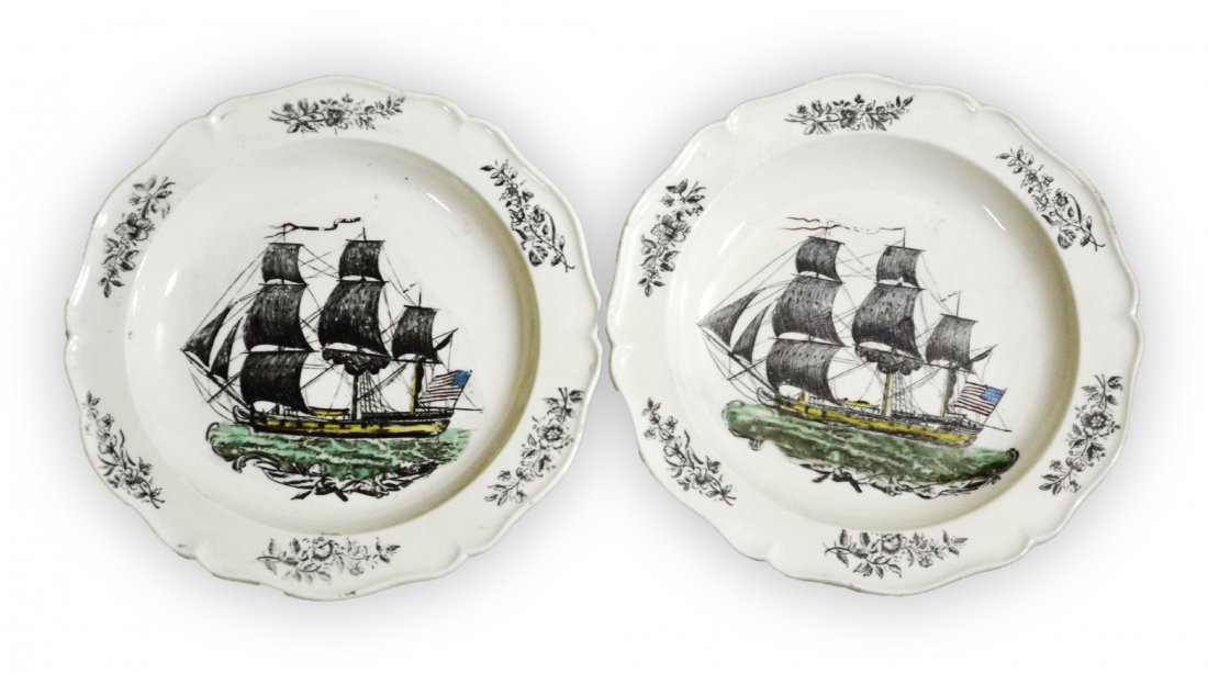 Plates, Pr. Liverpool, American ships, c.1800: A pair of Liverpool transfer decorated plates having American ships, circa 1800. Ironstone on base. Size (each): 6.75" D Weight: 1lb