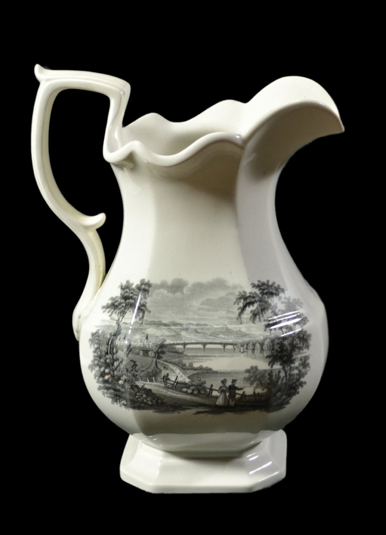 Ironstone Pitcher,"Vale of Wyoming" Transfer 1840: Pitcher, Ironstone transfer decorated. Wilkes-Barre Pennsylvania landscape with bridge on both sides. Titled on bottom 'Wilkesbarre (sic) Vale of Wyoming' and the initials 'WR & Company' underneath th
