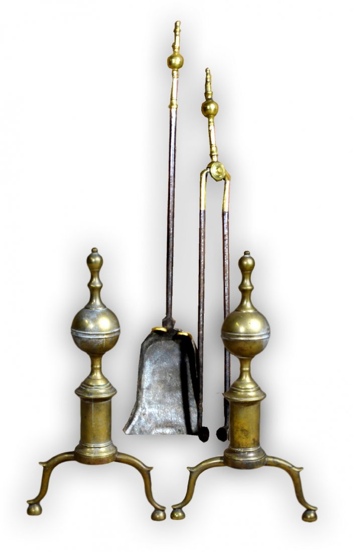 Andirons, Pr. & 2 Fireplace Tools, R. Wittingham: A pair of matched Andirons and 2 near match Fireplace Tools, shovel and tongs. Marked 'R. Whittingham, N. York'. Original condition. See history below. Size Andirons: 18" H x 10" W x 20" deep each Siz