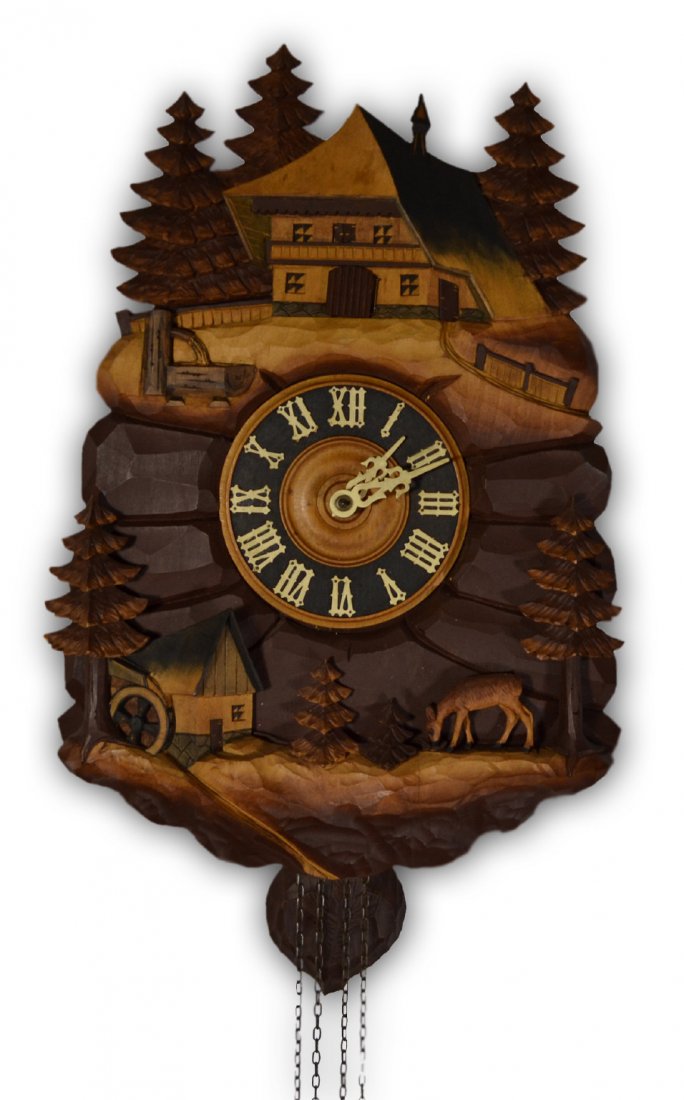Clock, Cuckoo w/house & pine trees: A carved German Cuckoo Clock with two classic gold painted pinecone counter weights. Face is a rustic pine forest setting with a cabin and hand pump on the top of the clock. There is a water mill with