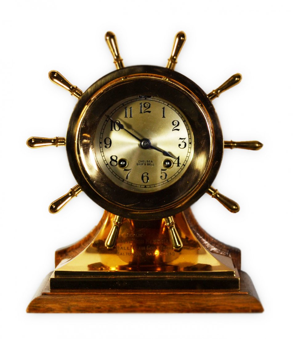 Clock, Ship's Bell, 1940 Chelsea, Brass & Wood: A brass and wood clock painted steel face reads, "Chelsea Ship's Bell." There is an inscription on the base which reads, "REPLICA OF THE WILLIAM H. TODD MEMORIAL PRIZE WHITEHALL CLUB GOLF TOURNAMENT B
