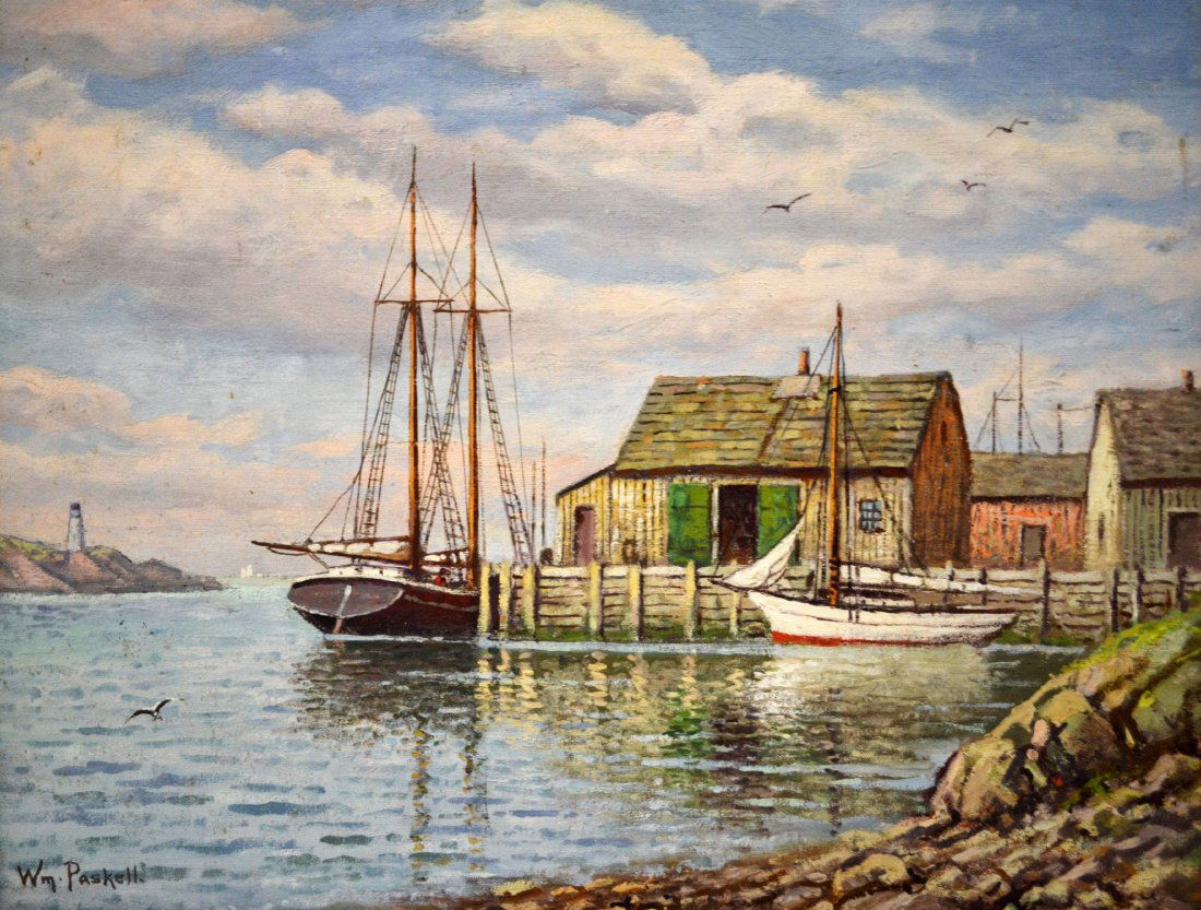 O/C 'Nantucket' by William Paskell, c1950: An oil on canvas painting of 'Nantucket' by William Paskell. William Frederick Paskell (English/American 1866 - 1951) Signed in lower left, period framed. See artist biography below. Work Size: 20" H.