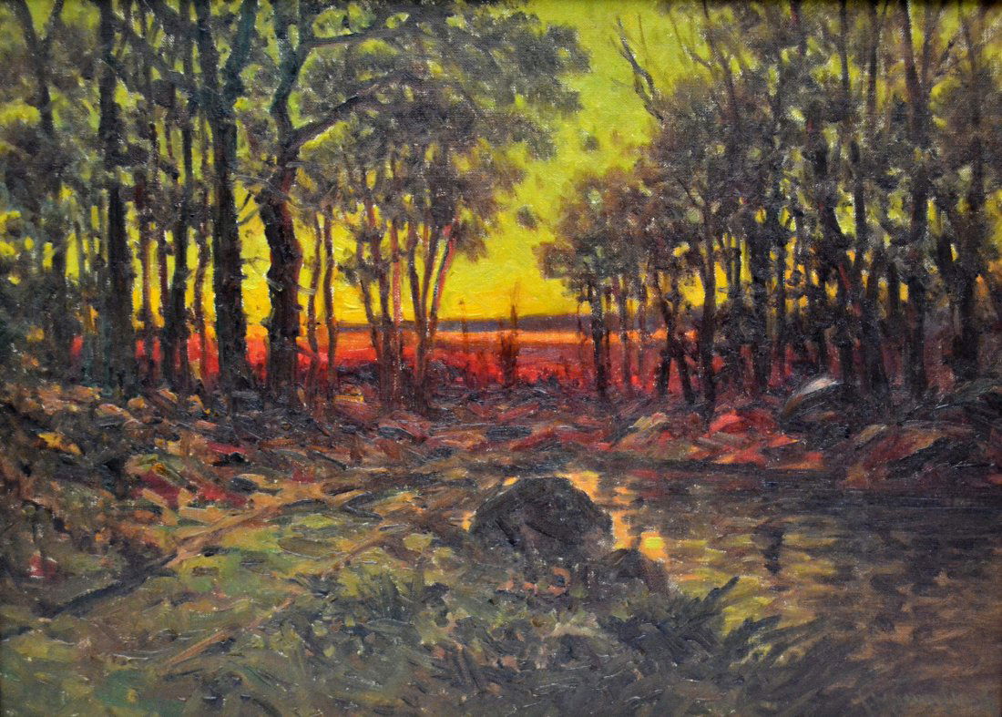 O/C, C. Myron Clark, 'Sunset': An oil on canvas painting of a "Sunset Landscape" by C. Myron Clark. C. Myron Clark (American 1858 - 1925). See artist biography below. Work Size: 16" H. x 22" W. Framed Size: 19" H. x 15" W. x 1.25"