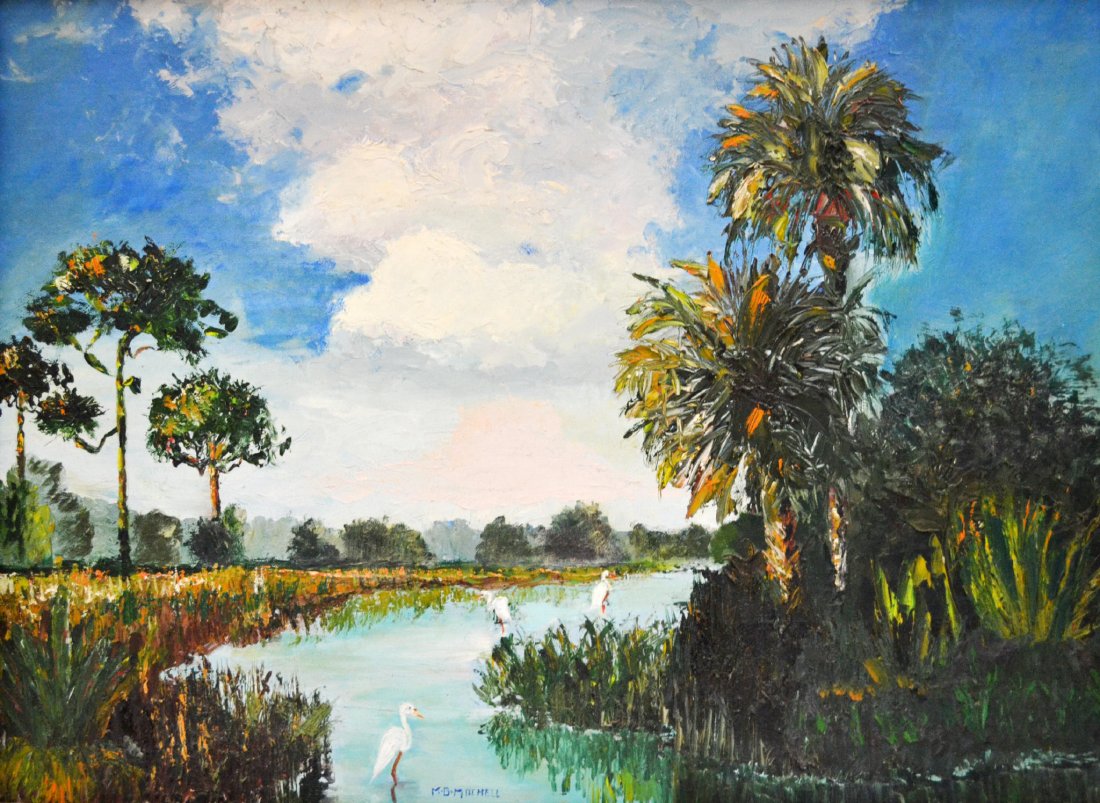 O/CB, Florida Scene, M. B. Mitchell, c1950's: An oil on canvas board of a Florida Everglades Scene signed bottom middle "M. B. Mitchell". Circa 1950's in a period frame. Work Size: 18" H. x 24" W. Framed Size: 24.25" H. x 30.25" W. x 2" D. Weight