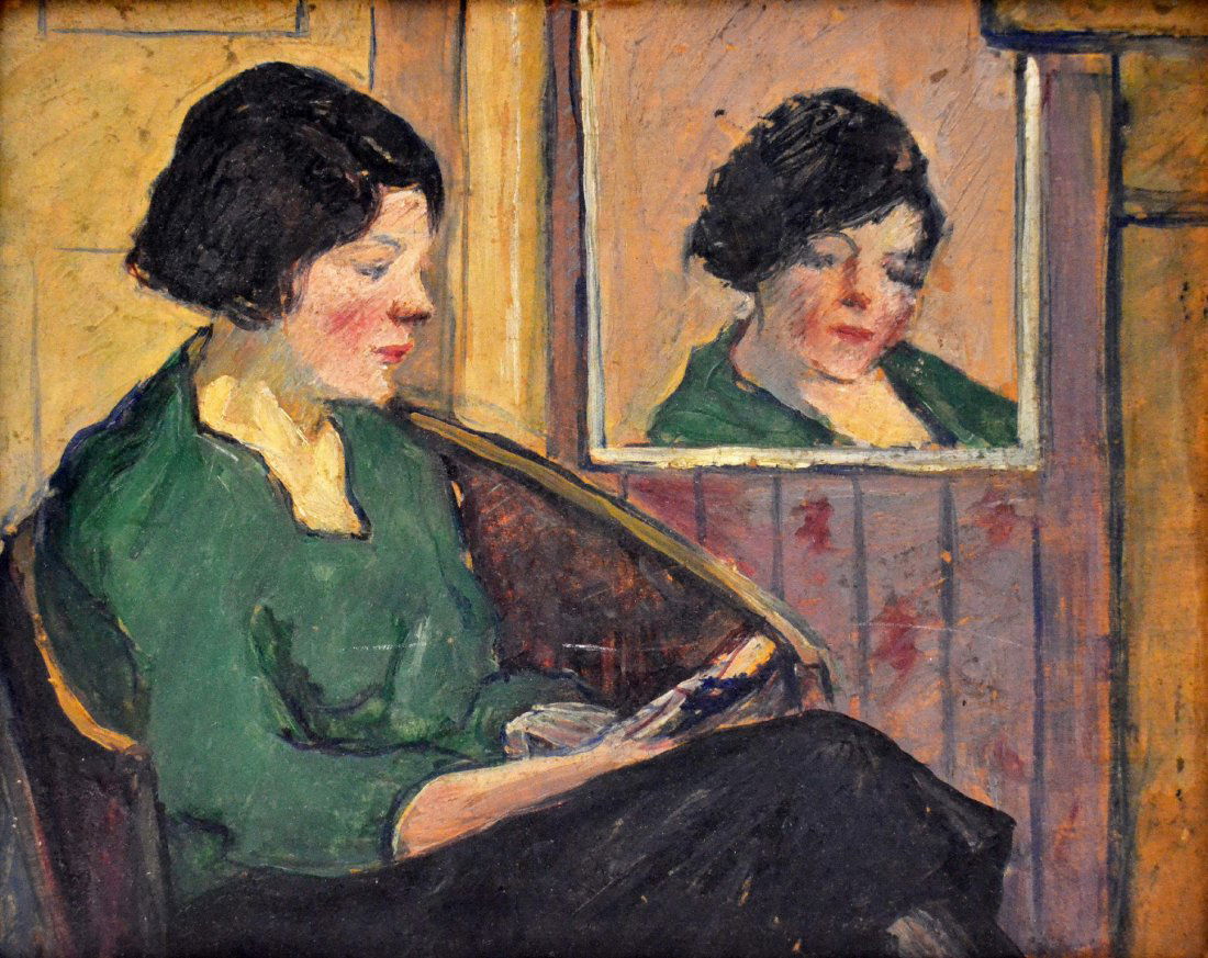O/B, Henry Glintenkamp, 'Study of Alice Peachy': Oil on board painting,'Study of Alice Peachy', Henry Glintenkamp, American, (1887-1946). Depicting a woman studying with her reflection in the mirror. Inscribed on verso, Henry Glintenkamp. (See artis