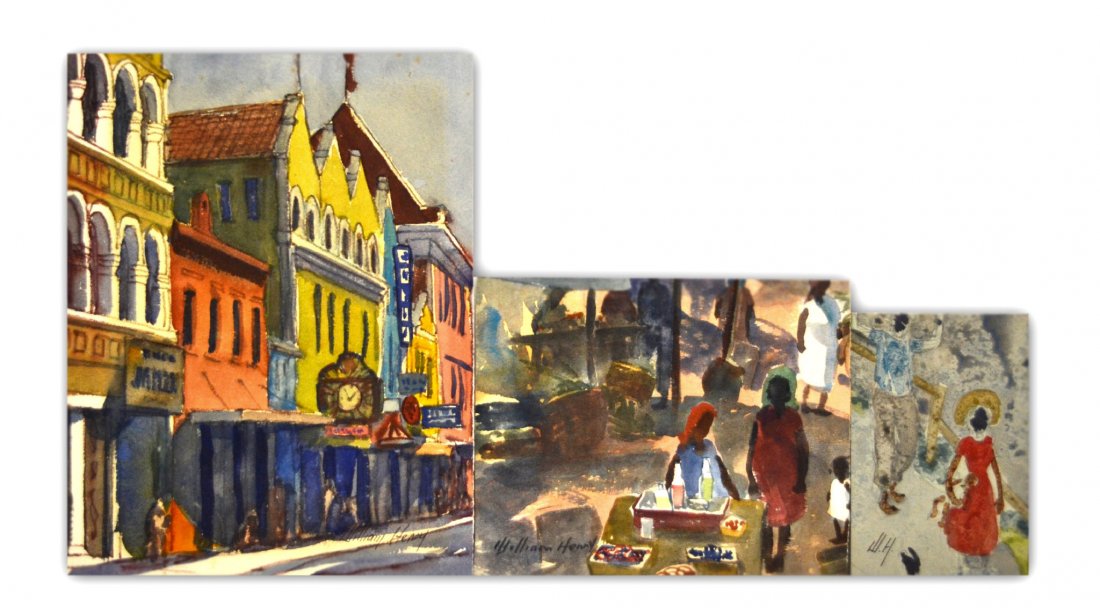 (3) Watercolors, Bahama scenes, by William Henry: Watercolors on paper of three Bahaman scenes, by William Henry. the first is of brightly colored buildings and shops. The second is of three women and child in a marketplace. The third is a man carryi