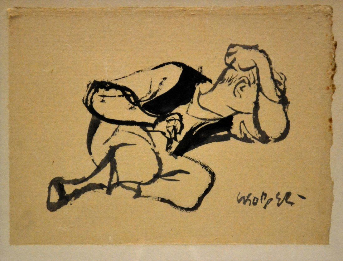 Ink/P, William Gropper, Sleeping Figure: An ink and watercolor wash on paper painting of a Sleeping Figure by William Gropper. William Gropper (American 1897 - 1977). See artist biography below. Framed behind glass. Work Size: 7.5" H. x 10"