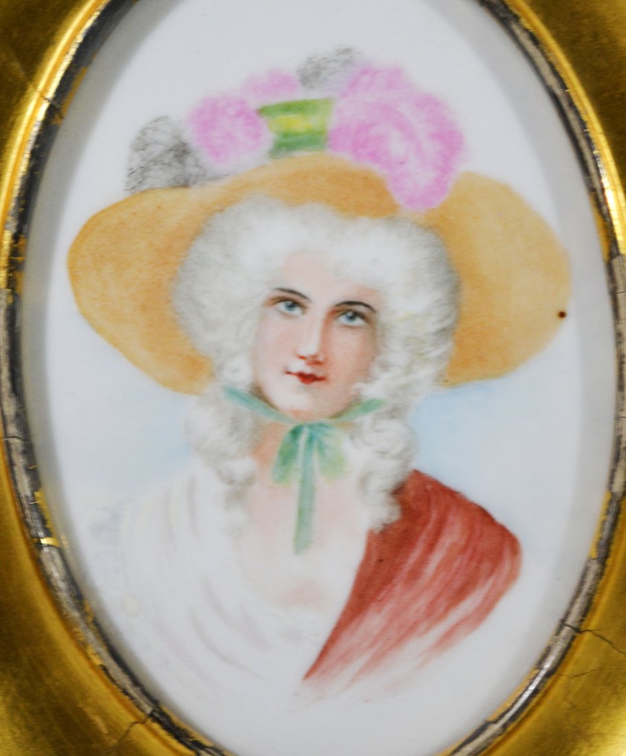 Painting on porcelain, woman in hat, c. 1900: A painting on porcelain of a woman in a hat in an oval gilt frame. circa 1900. Work Size: 5" H. x 3.25" W. Framed Size: 7.75" H. x 6.5" W. x 7/8" D. Weight: 8oz