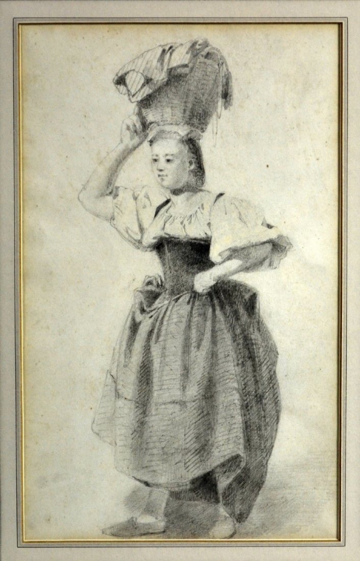 Pencil/P, Herman Herzog,"The Laundress" 1832-1932: Pencil on paper drawing, "The Laundress" by Herman Herzog, German/ American,1832-1932. Portrays a woman with a basket resting on her head. Back of frame says Chapellier Galleries Inc. New York, NY and