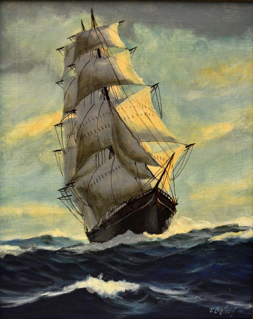 O/C 'Ship Under Full Sail' by T. Bailey, c1910: An oil on canvas painting of a 'Ship Under Full Sail' by T. Bailey. T. Bailey, the pseudonym of several artists associated with the Massachusetts communities around Cape Ann, who painted for the touri