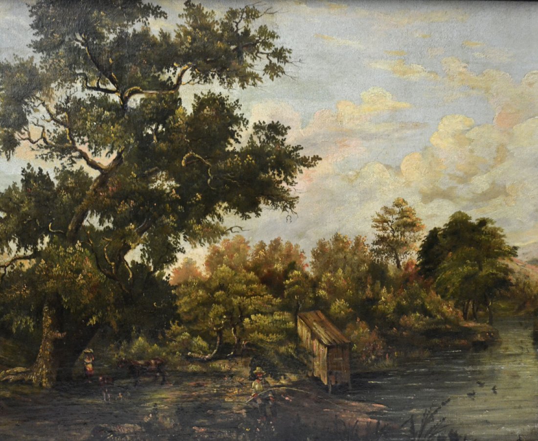 O/C, Landscape with Fishermen by R. Smith: An oil on canvas painting of a 'Landscape with Fishermen' by R. Smith. Signed "RS" in the lower left. Painter is possibly William Thompson Russell Smith (Scottish/American 1812-1896) See artist biogra