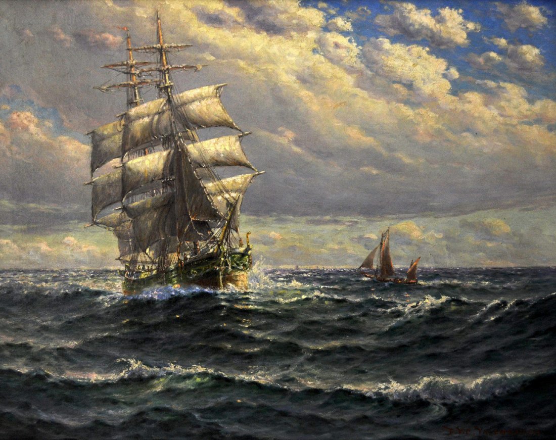 O/C Ship at Sea, by Theodore Valenkamph, c. 1905: Oil on canvas painting, Ship at Sea by Theodore Victor Carl Valenkamph (1868 - 1924), painted c. 1905 - depicts a ship at sea with other vessels in the background. Six figures on deck performing vario