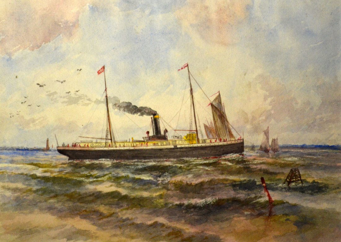 W/CP, Transitional Steamship, 19th c: A watercolor on paper of a Transitional Steamship having a black funnel with a gold stripe near the top. Other shipping and a coastline with lighthouse. British school, 19th century, framed. Work Size