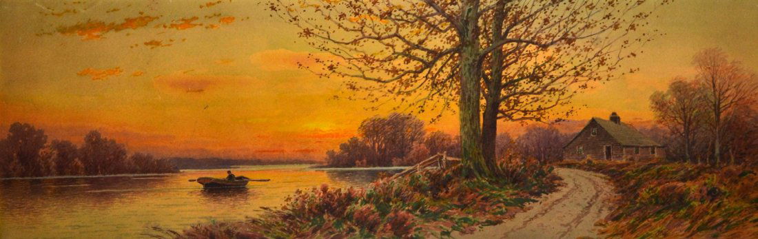 W/C on paper, Sunset w/Rowboat William Paskell: Watercolor on paper painting of a "Sunset w/Rowboat" signed in the lower left by William Paskell. William Frederick Paskell (English/American 1866 - 1951). See artist biography below. Size: 12" H. x 3