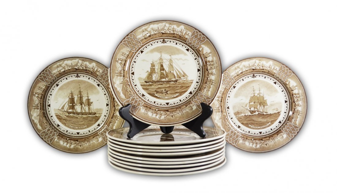Plates (12) American Clipper Ship Series, 1948: Plates (12) American Clipper Ship Series, 1948 - by Wedgewood. Brown transfer plates, each depicting an American clipper ship and four panels of shipping scenes with rope design on the front and the s