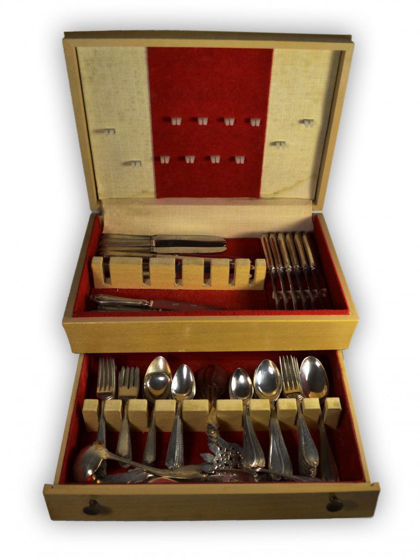 Sterling Silver Flatware Set, 114 Piece, c.1910: A cased set of 114 sterling silver flatware circa 1910. These are two different sets. With the mark "Westmorland Sterling" on 13 teaspoons, 8 dinner forks, 8 Salad forks, 7 butter knives, 1 large butt