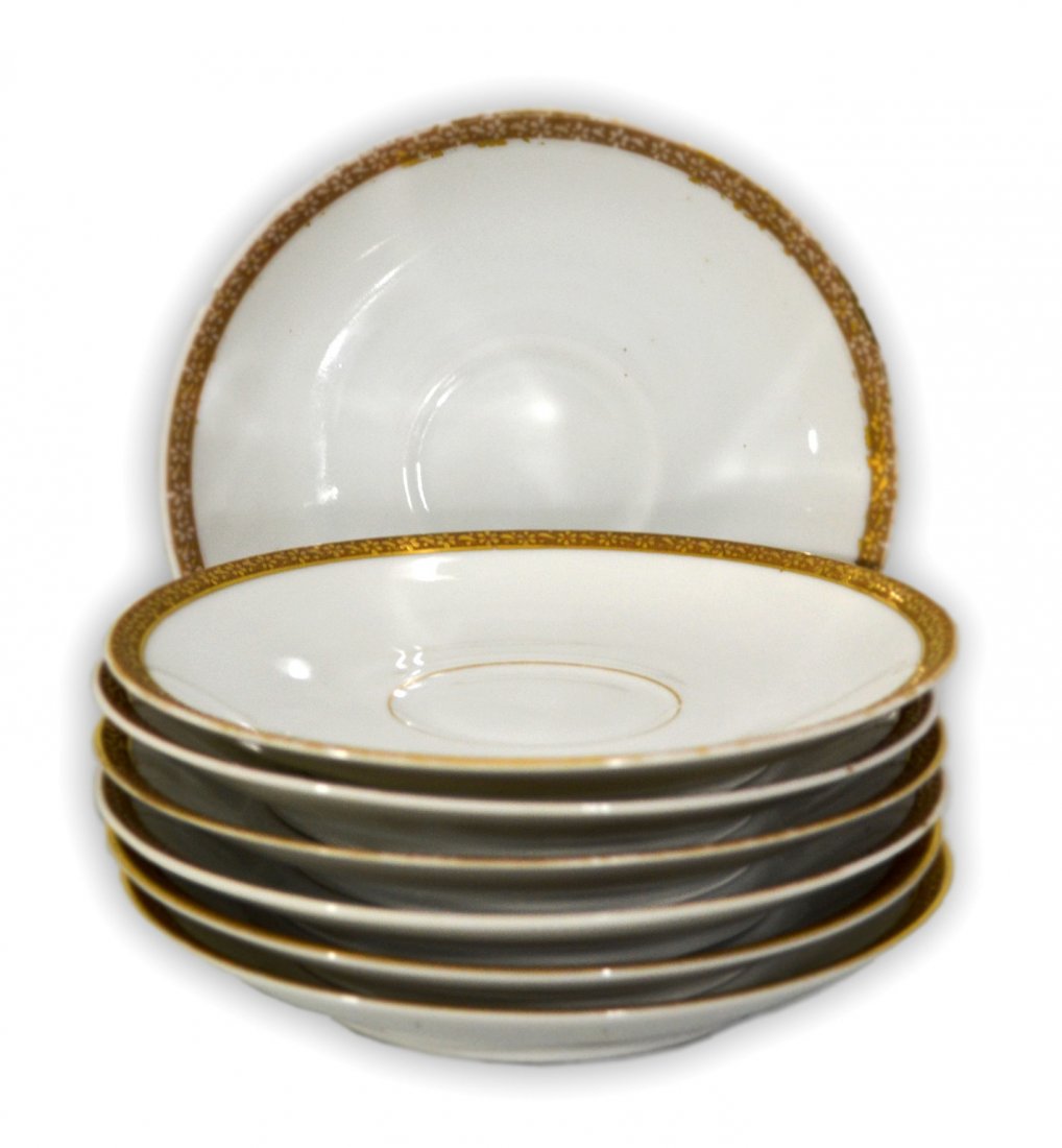 Dinner Serving Pcs, mismatched, Bavarian, Limoges: Dinner Serving Pieces - mismatched Bavarian, Limoges, etc. Group 1 - (12) matching gold-gilt dinner plates. Marked Hutschenreuther Gelb L.H. S. Bavaria. Condition: 1 plate hairline crack and chip Grou
